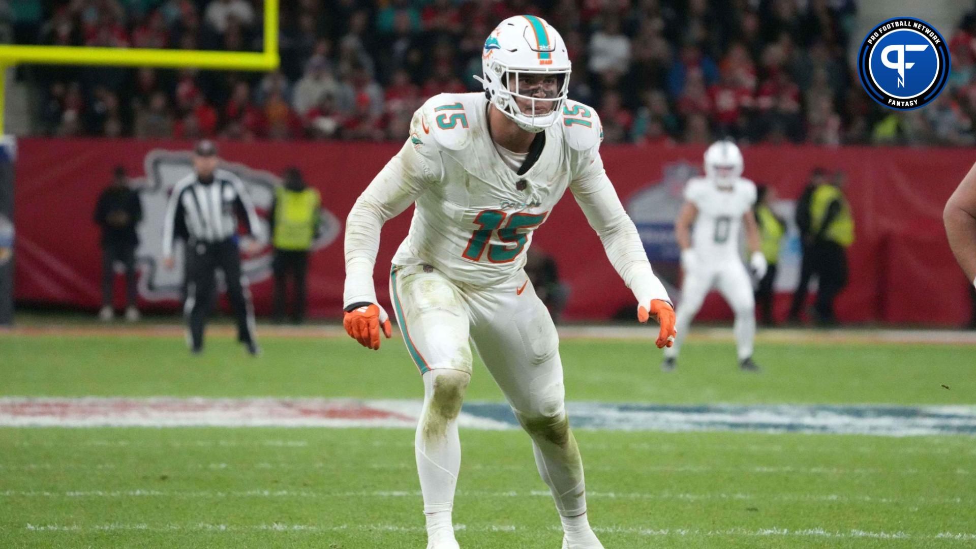 Miami Dolphins linebacker Jaelan Phillips (15) against the Kansas City Chiefs in the second half during an NFL International Series game at Deutsche Bank Park.