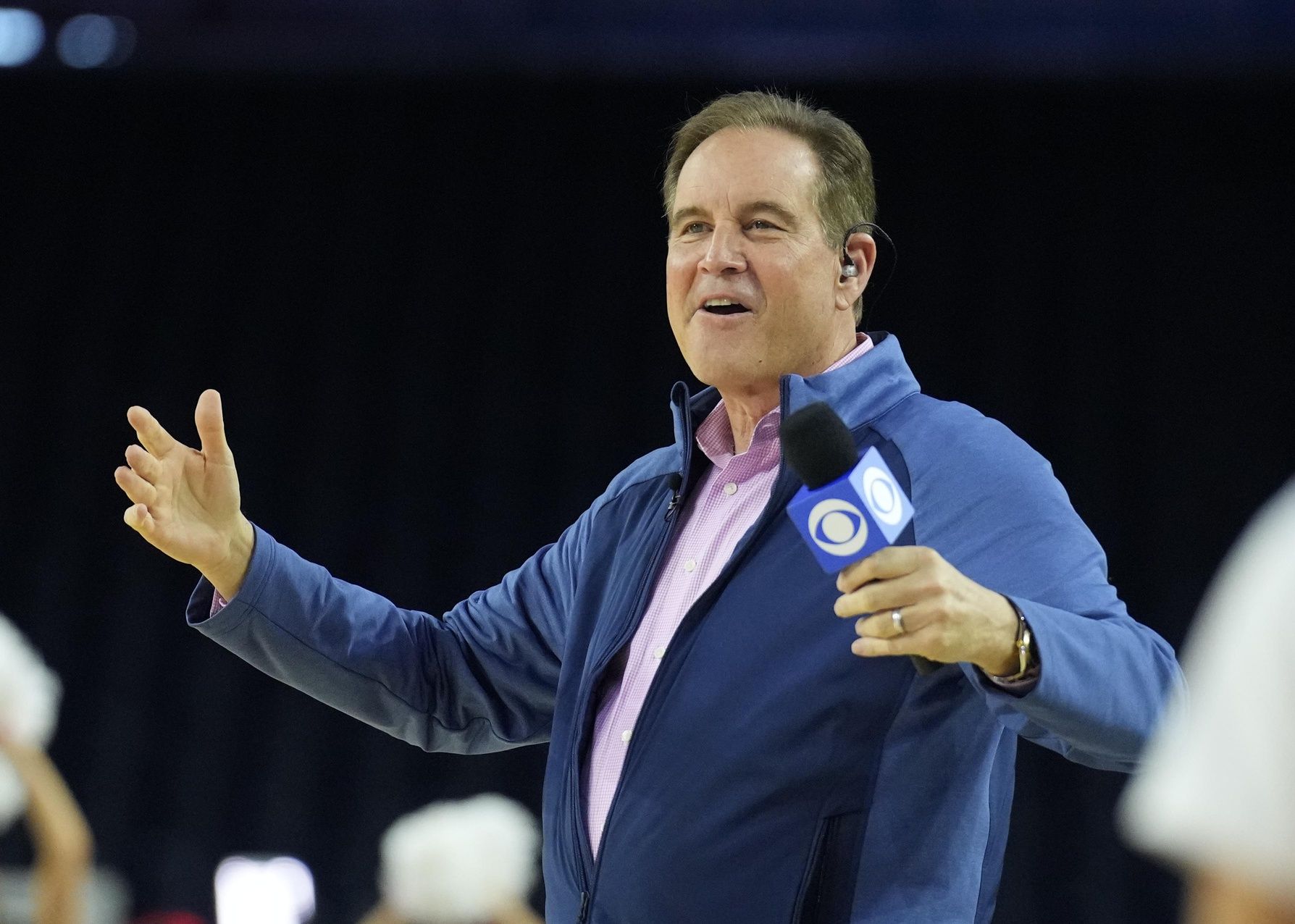 CBS broadcaster Jim Nantz reacts during a practice session the day before the Final Four of the 2023 NCAA Tournament at NRG Stadium.