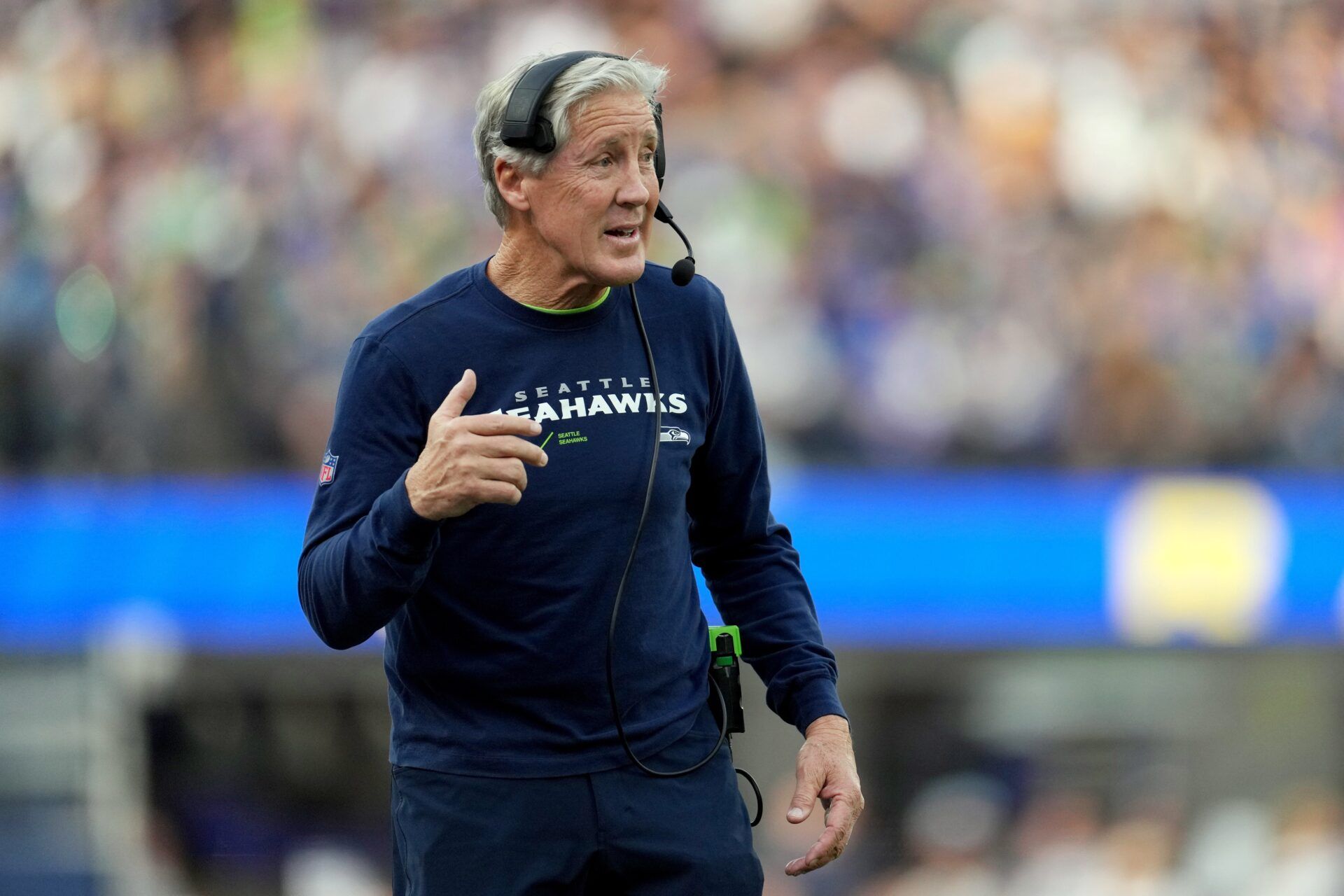 Seattle Seahawks head coach Pete Carroll looks on in the first half against the Los Angeles Rams at SoFi Stadium.