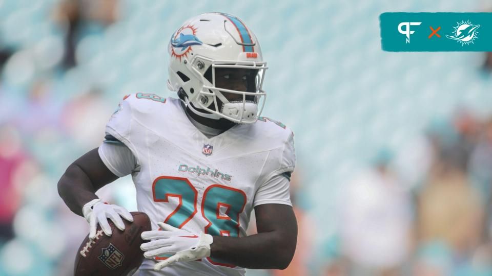 De'Von Achane (28) looks on prior to the game against the Las Vegas Raiders at Hard Rock Stadium.