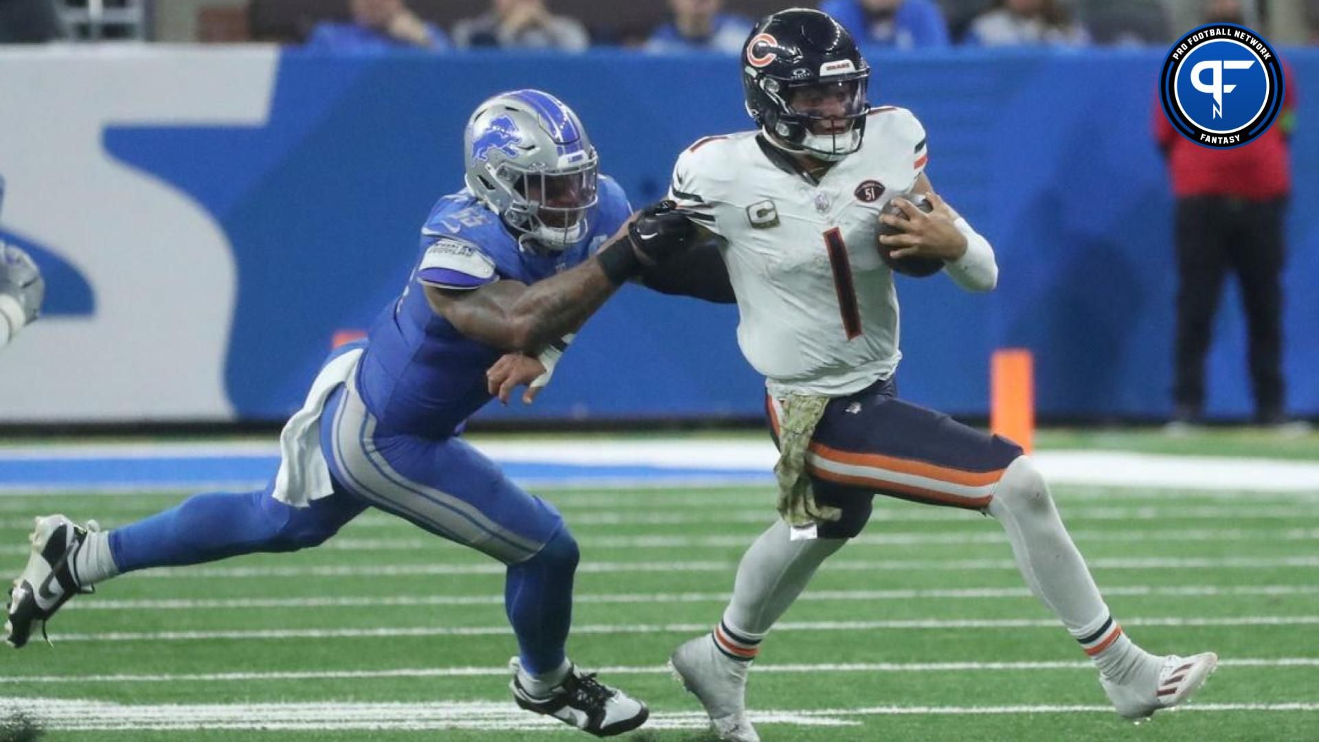 Detroit Lions linebacker Derrick Barnes tackles Chicago Bears quarterback Justin Fields during the second half at Ford Field, Sunday, Nov. 19, 2023.