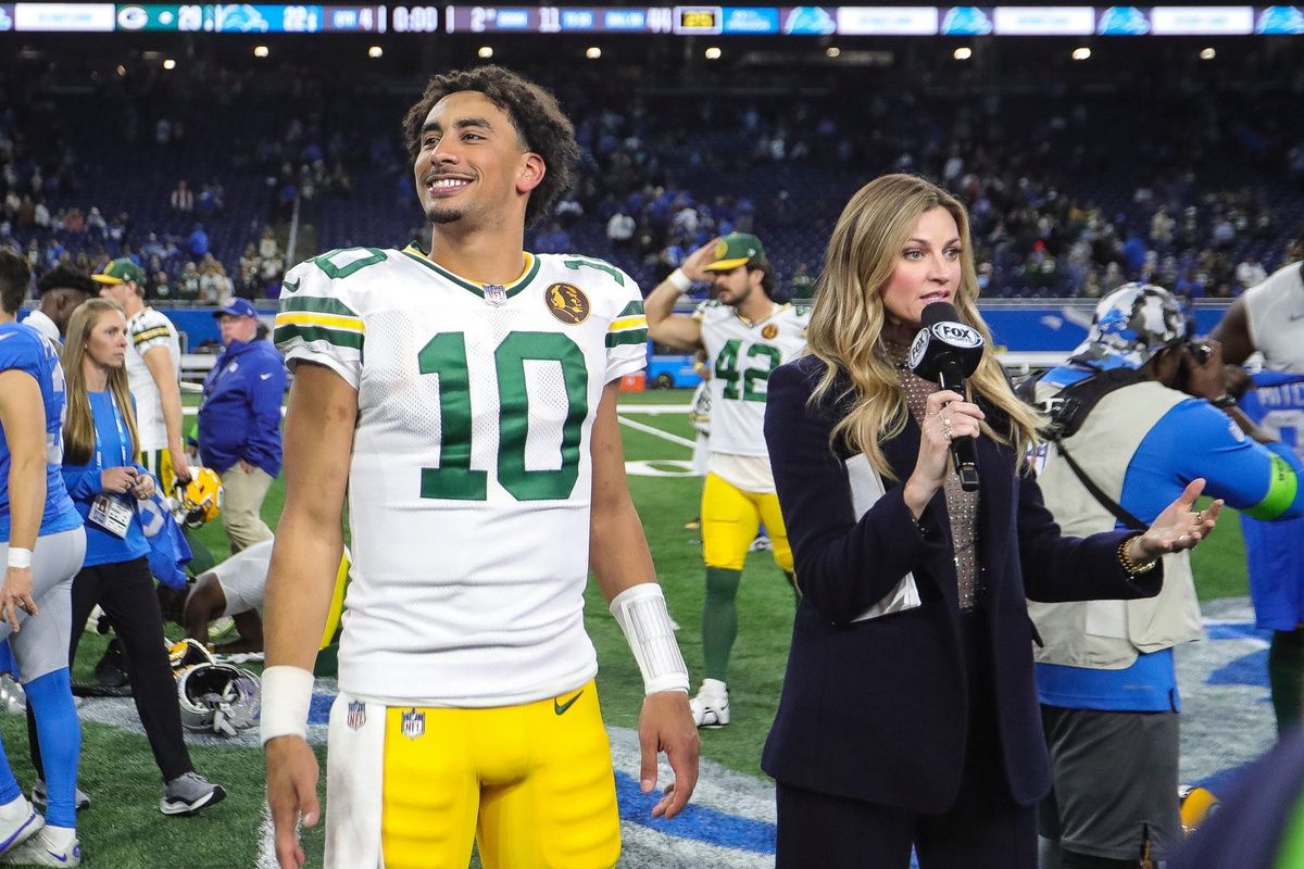 Green Bay Packers quarterback Jordan Love (10) smiles a a post game interview after 29-22 win over Detroit Lions at Ford Field in Detroit on Thursday, Nov. 23, 2023.