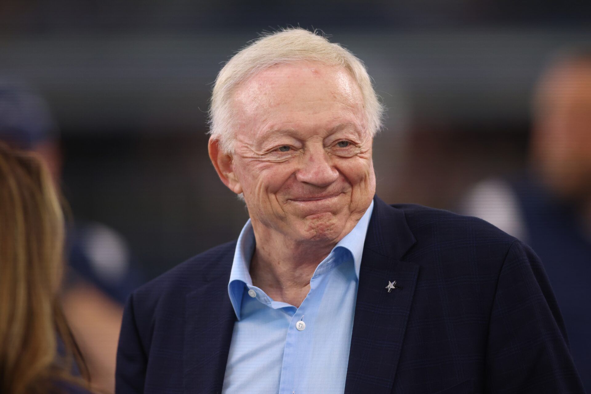 Dallas Cowboys owner Jerry Jones on the field before the game against the Las Vegas Raiders at AT&T Stadium.