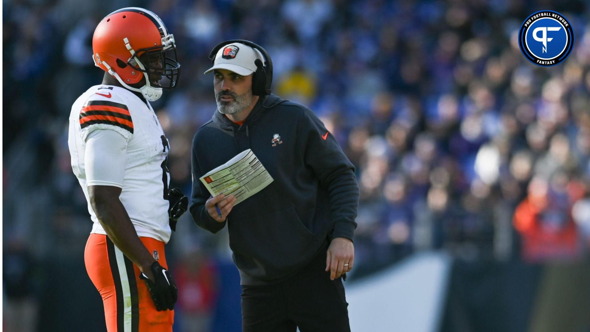 Cleveland Browns wide receiver Amari Cooper (2) speaks with head coach Kevin Stefanski during the first half against the Baltimore Ravens at M&T Bank Stadium.