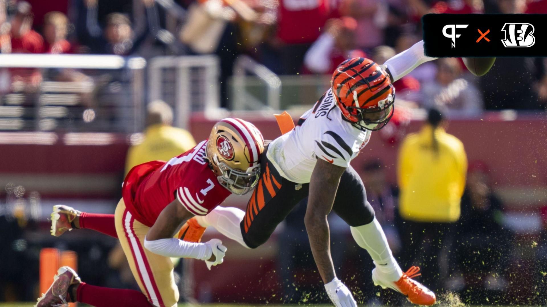 Cincinnati Bengals wide receiver Tee Higgins (5) is tackled by San Francisco 49ers cornerback Charvarius Ward (7) during the first quarter at Levi's Stadium.