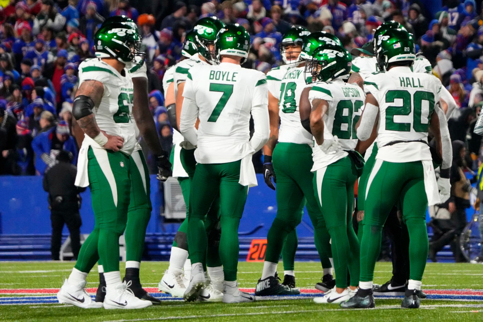 New York Jets quarterback Tim Boyle (7) in the huddle calling the play against the Buffalo Bills during the second half at Highmark Stadium.