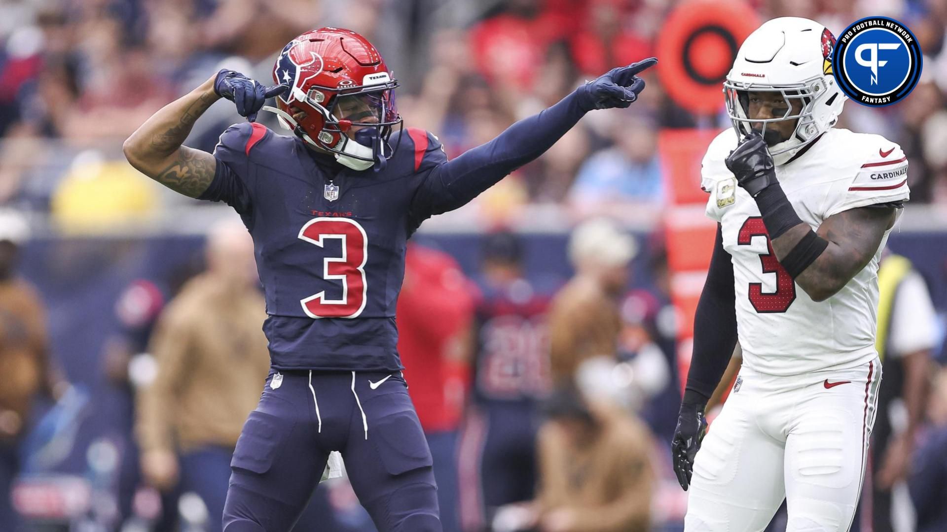 Houston Texans wide receiver Tank Dell (3) signals a first down after a play during the first quarter against the Arizona Cardinals at NRG Stadium