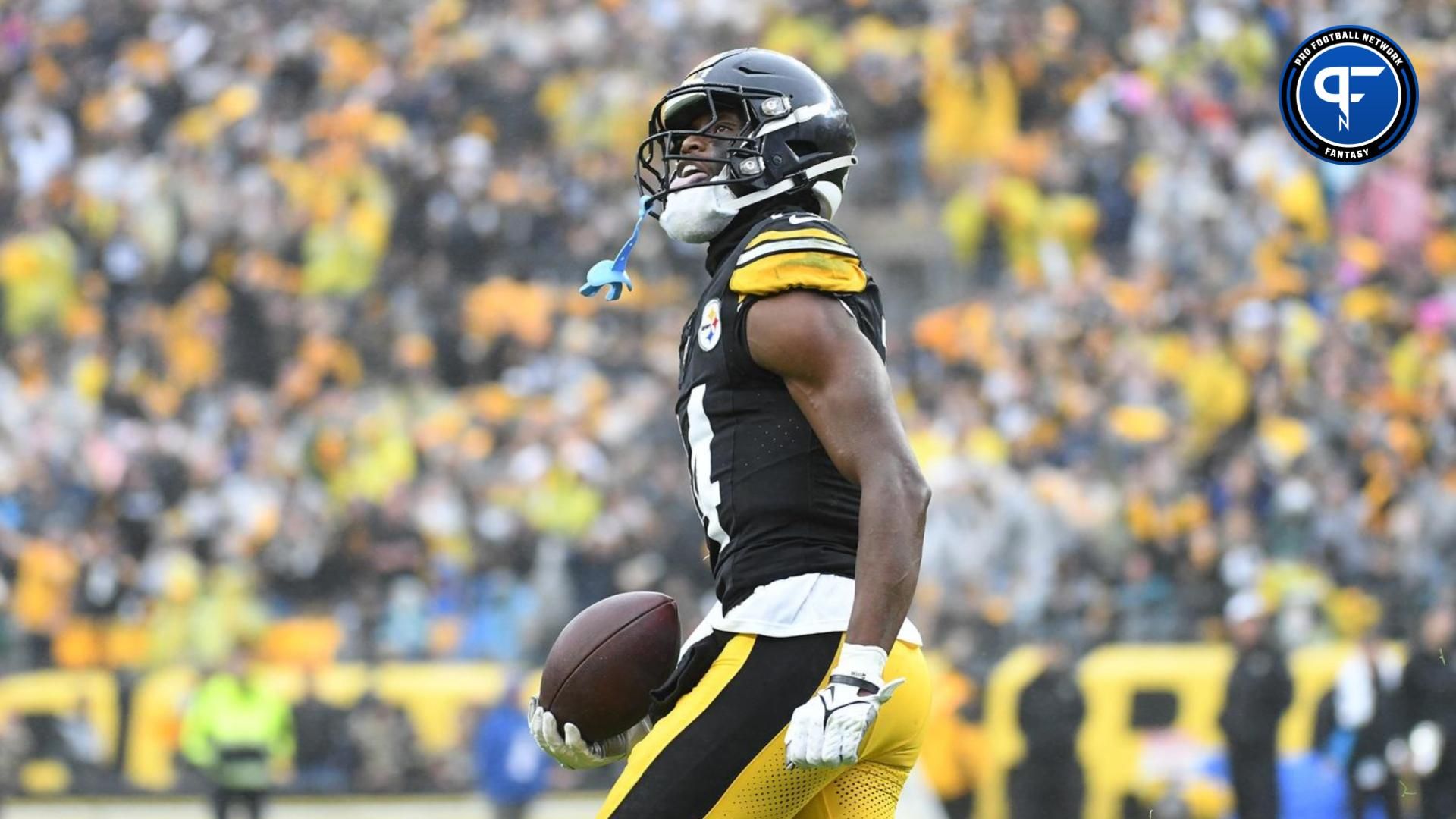 Pittsburgh Steelers wide receiver George Pickens (14) celebrates a third quarter touchdown against the Jacksonville Jaguars at Acrisure Stadium.