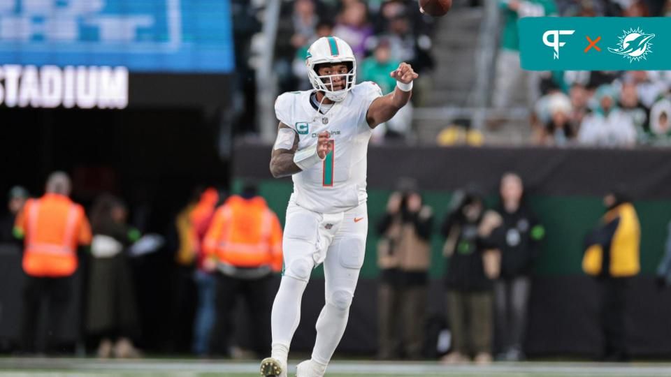 Tua Tagovailoa (1) throws the ball during the first half against the New York Jets at MetLife Stadium.