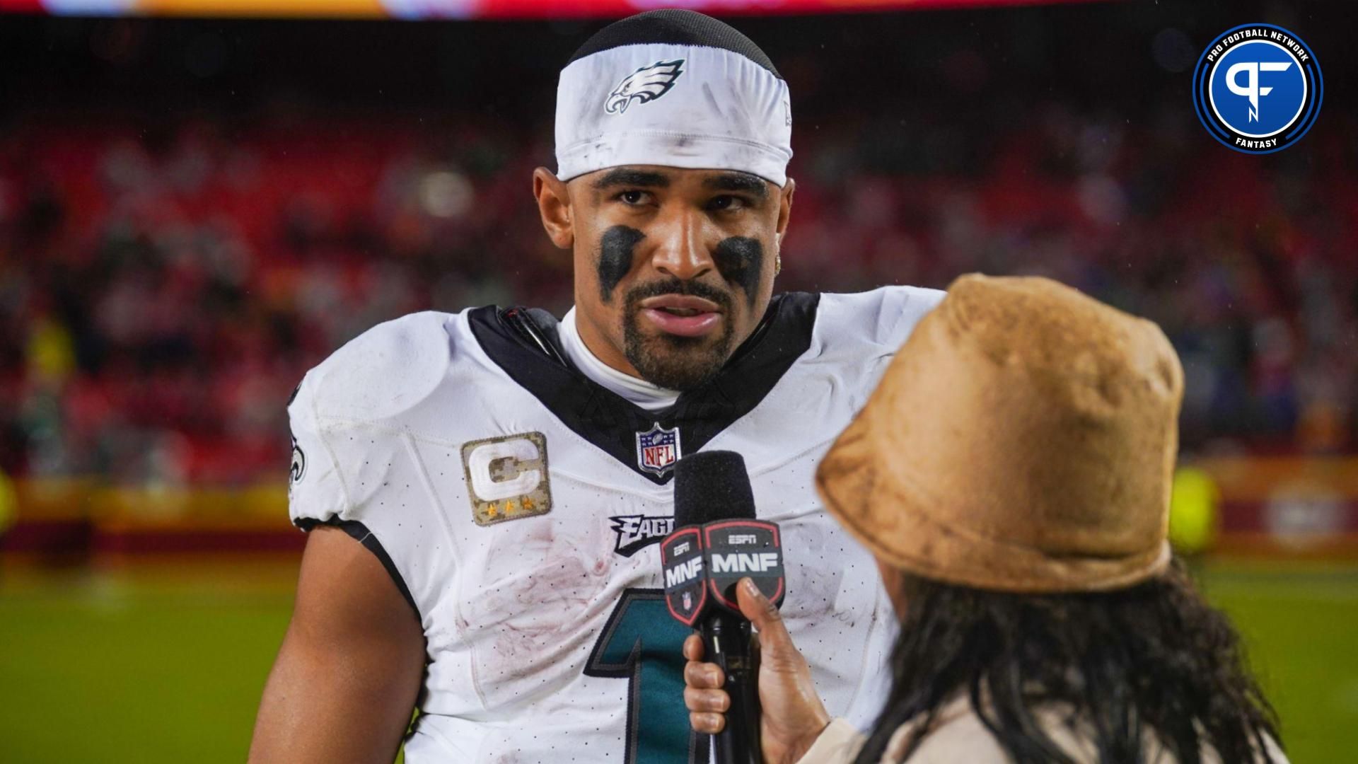 Philadelphia Eagles quarterback Jalen Hurts (1) speaks to media after the win over the Kansas City Chiefs at GEHA Field at Arrowhead Stadium.