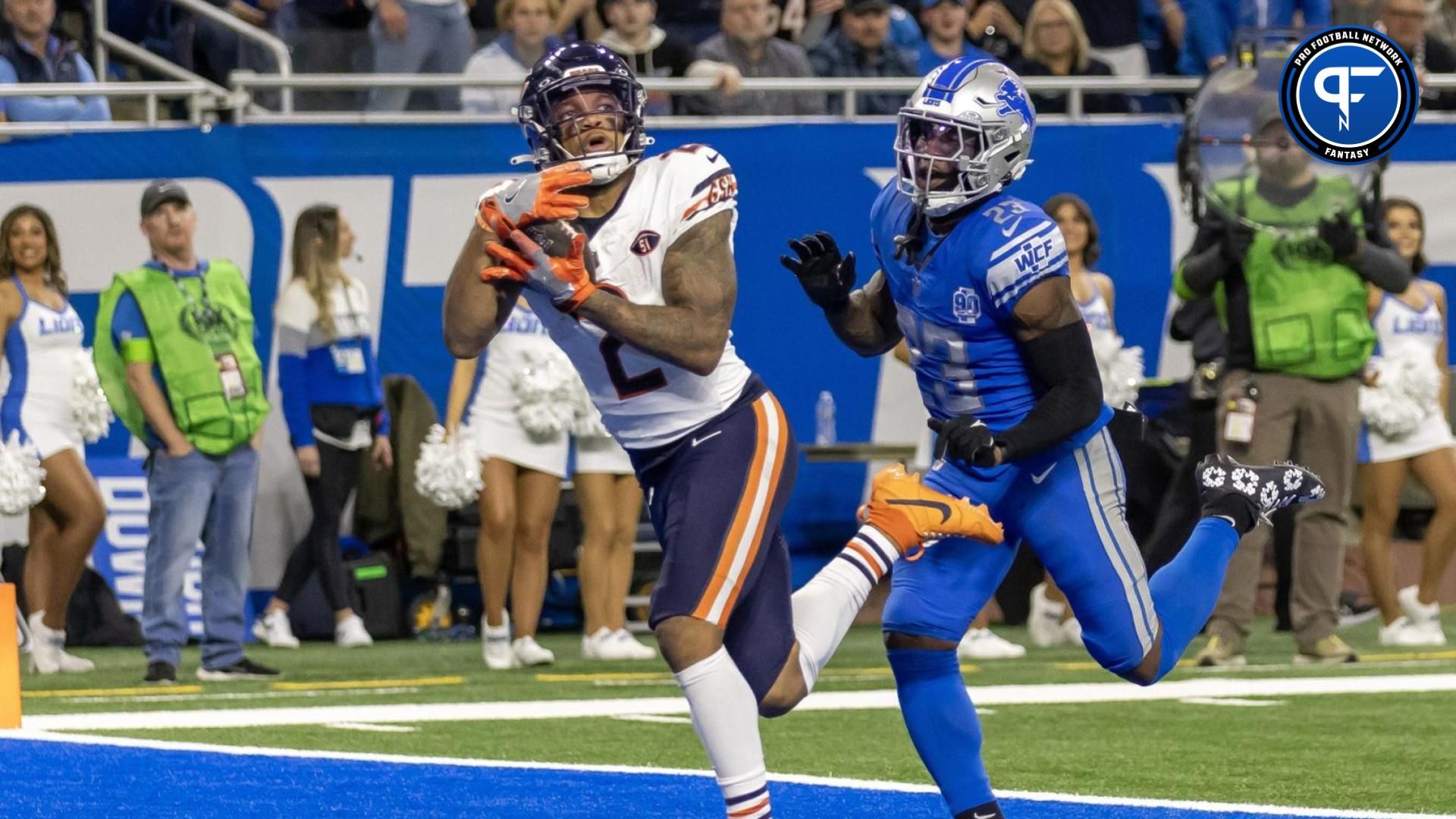 DJ Moore (2) catches a pass for a touchdown in front of Detroit Lions cornerback Jerry Jacobs (23)during the second half at Ford Field.