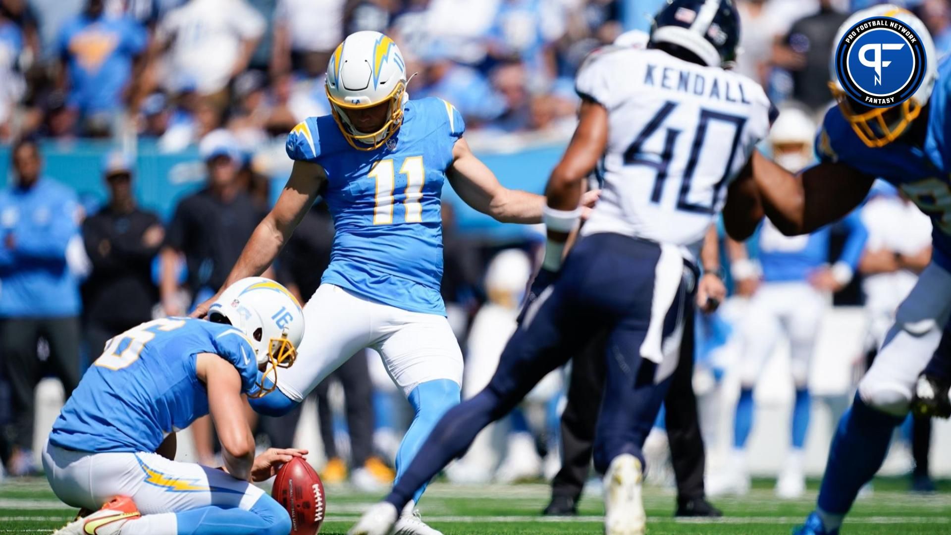 Los Angeles Chargers place kicker Cameron Dicker (11) kicks a field in the second quarter at Nissan Stadium.