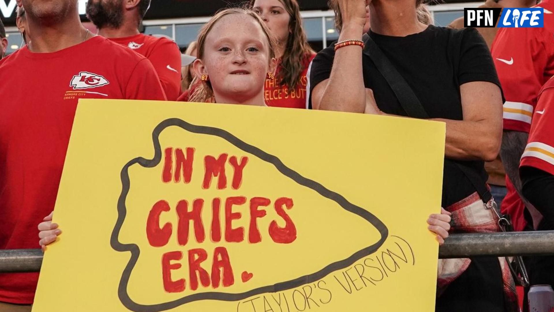 A young Kansas City Chiefs and Taylor Swift fan shows support against the Los Angeles Chargers during the game at GEHA Field at Arrowhead Stadium.