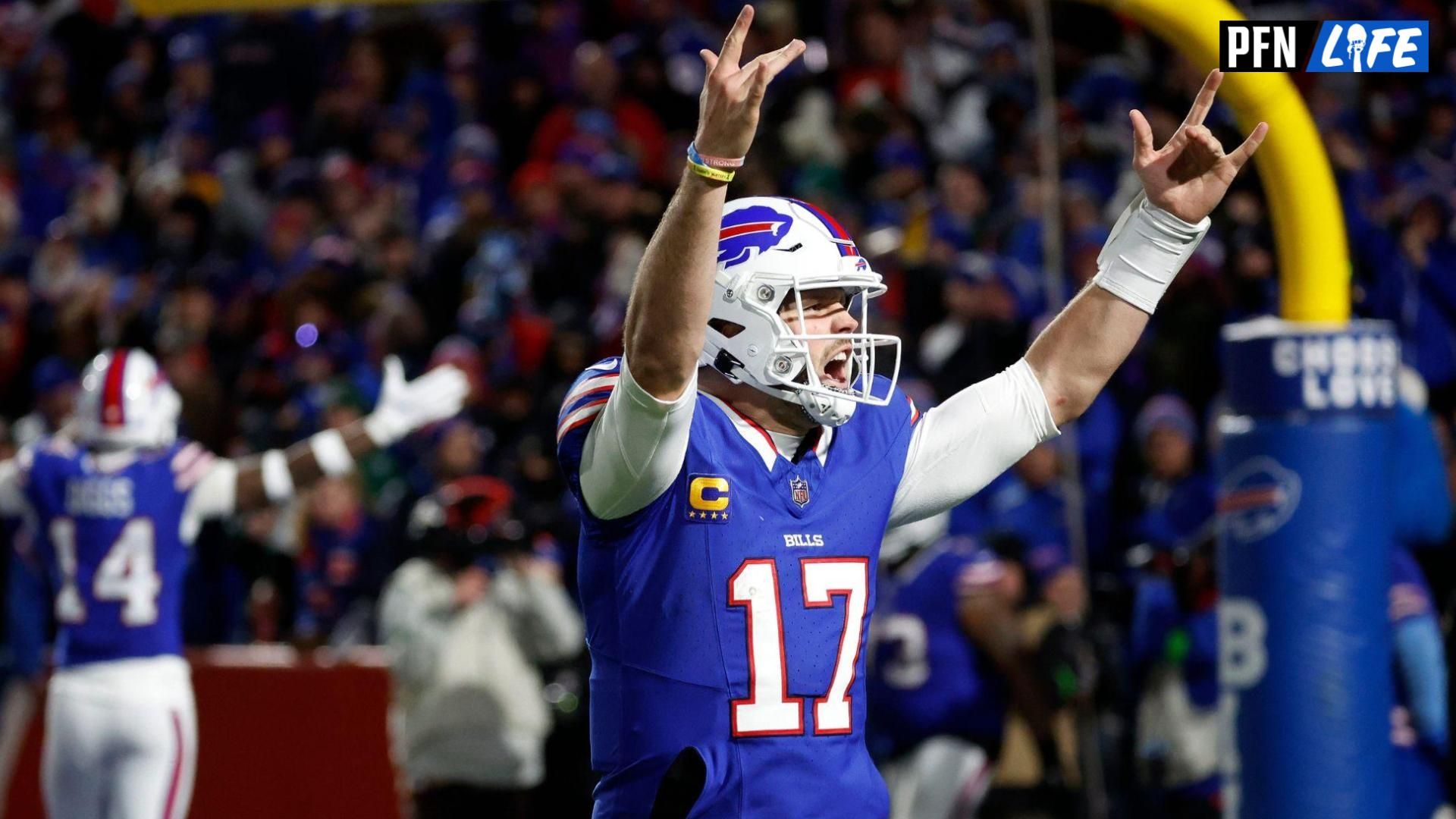 Josh Allen (17) celebrates with fans after his 81 yard touchdown pass to Buffalo Bills wide receiver Khalil Shakir (10).