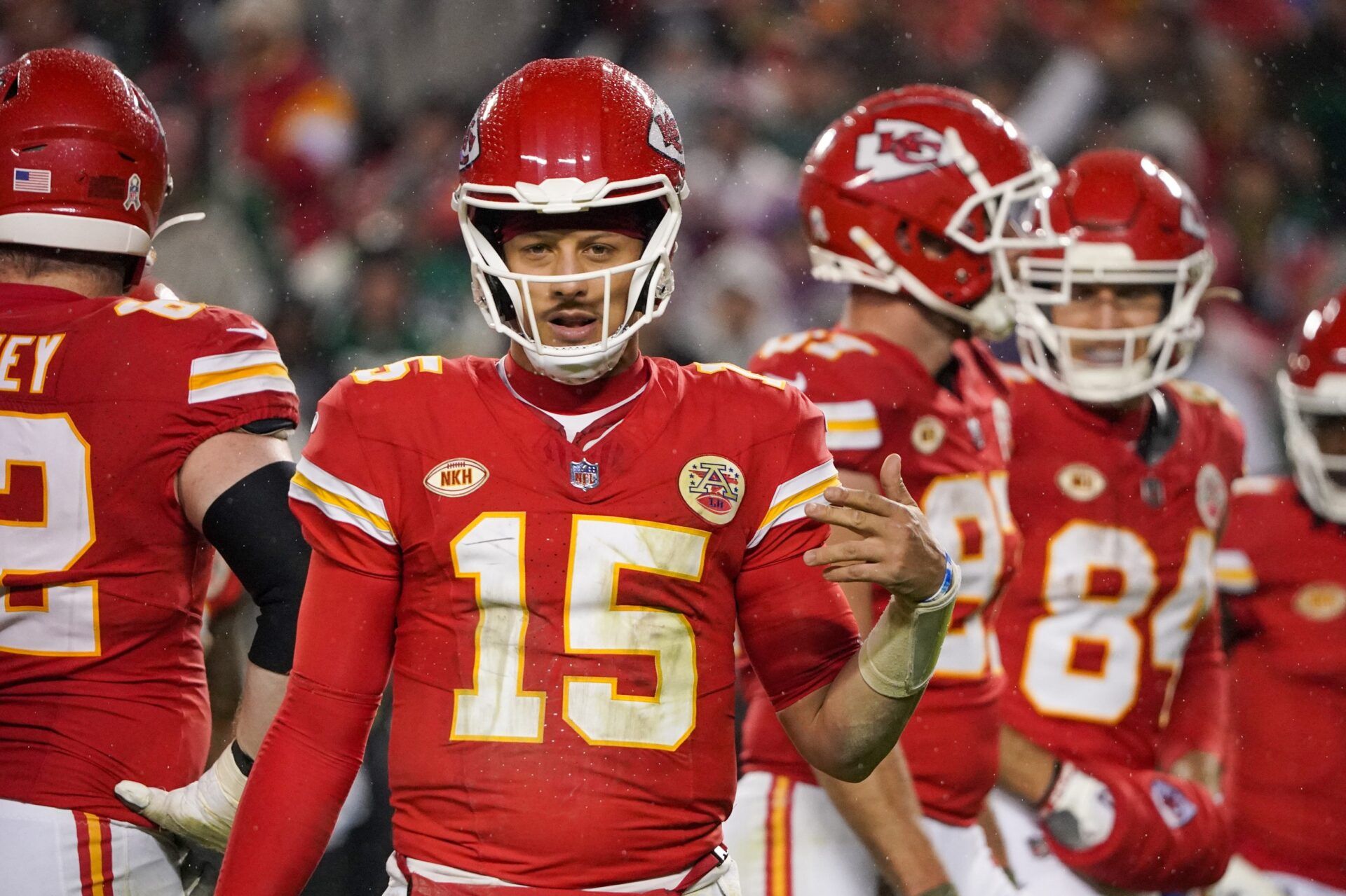 Patrick Mahomes (15) gestures to the sidelines against the Philadelphia Eagles during the second half at GEHA Field at Arrowhead Stadium.