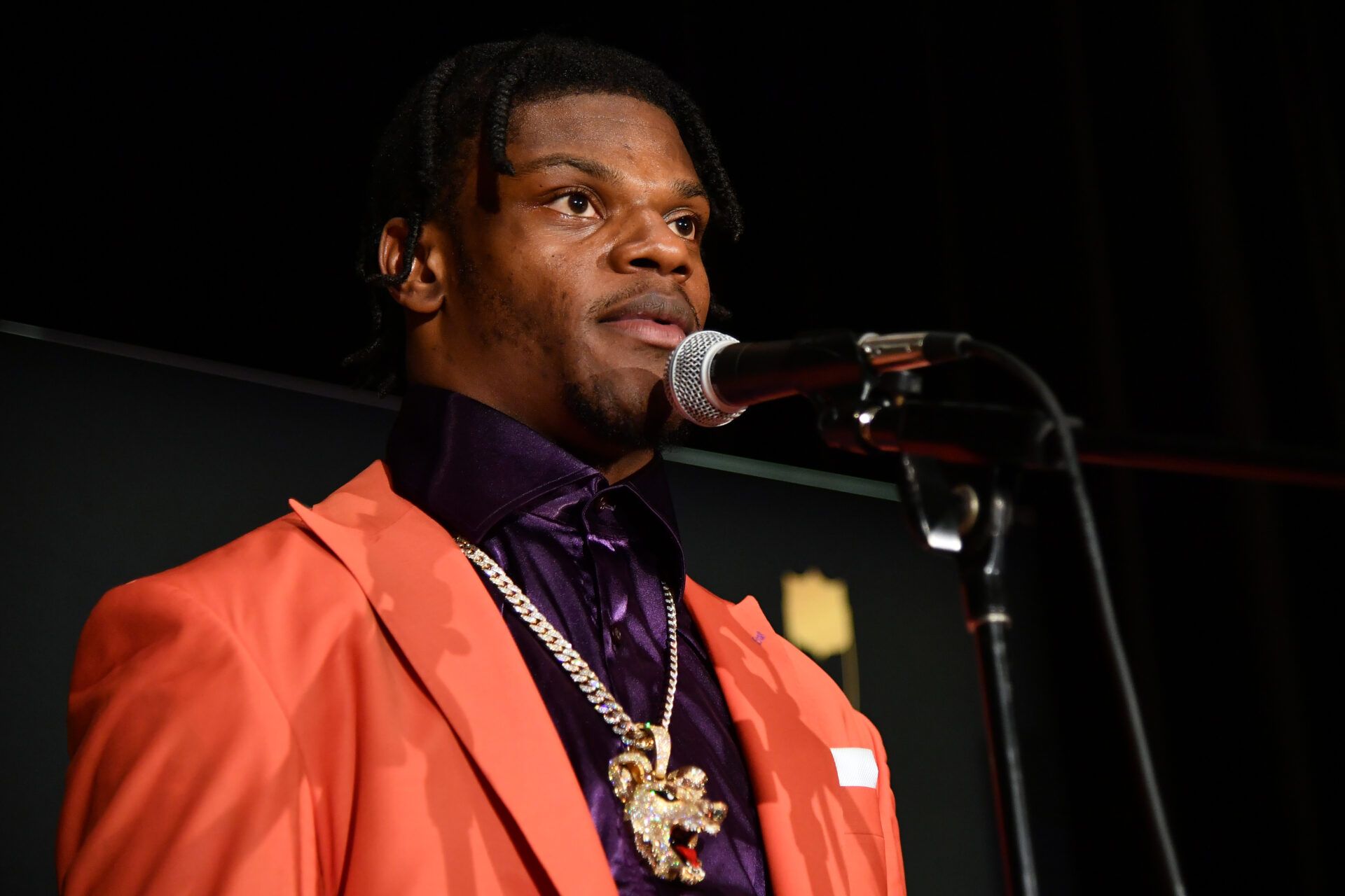 Baltimore Ravens Lamar Jackson speaks to the media are receiving the AP Most Valuable Player presented by Pizza Hut during the NFL Honors awards presentation at Adrienne Arsht Center.