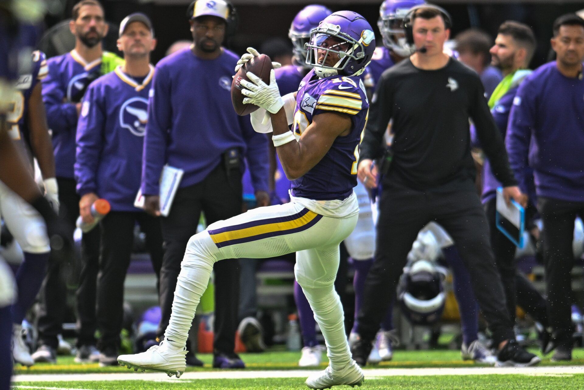 Minnesota Vikings wide receiver Justin Jefferson (18) catches a pass during the third quarter against the Tampa Bay Buccaneers.