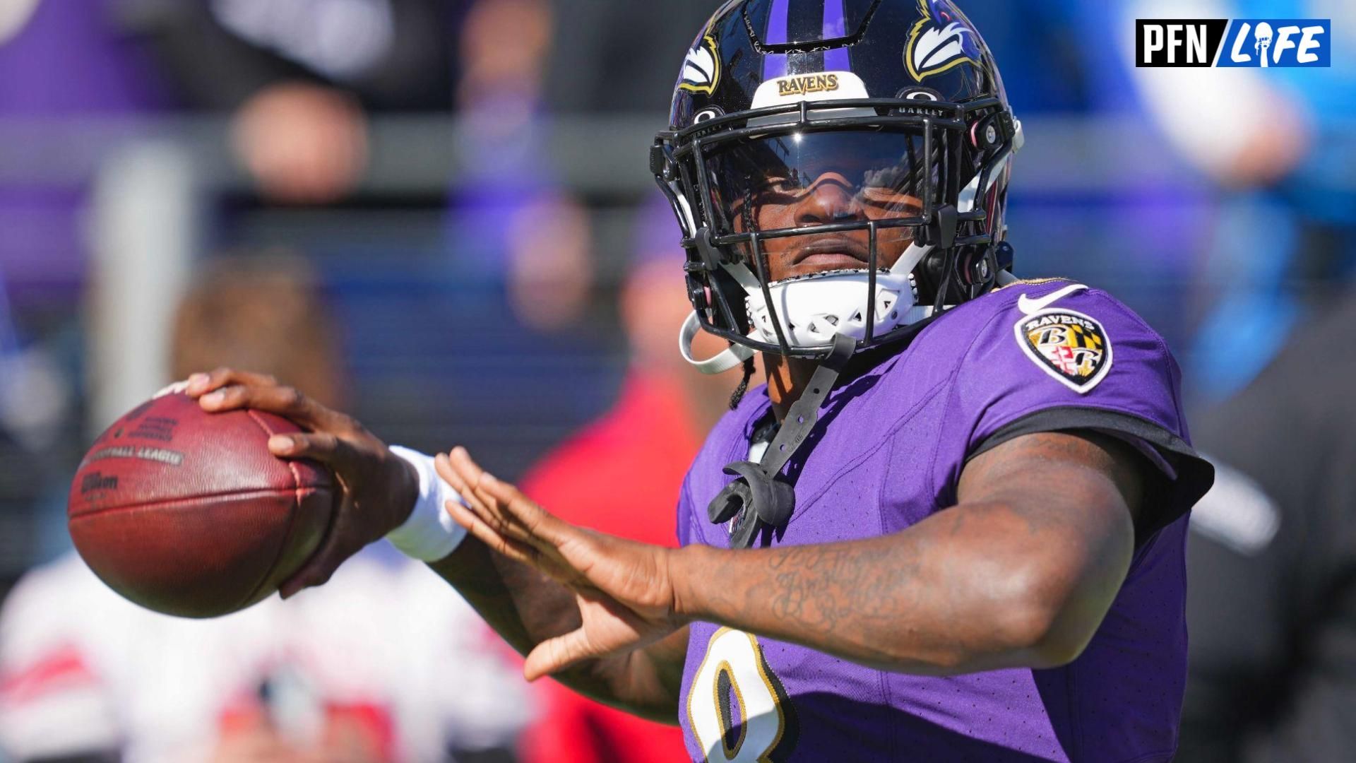 Baltimore Ravens QB Lamar Jackson (8) warms up prior to a game.