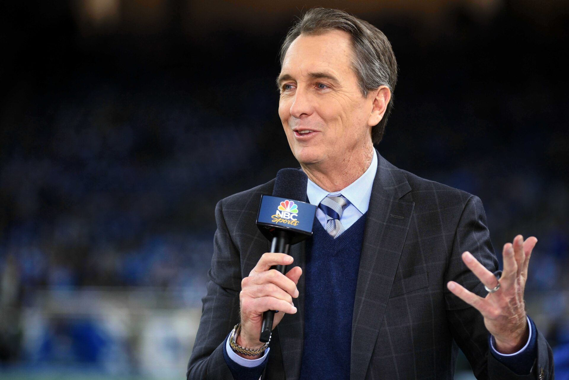 NBC Sports broadcaster Cris Collinsworth before the game between the Detroit Lions and the Green Bay Packers at Ford Field.