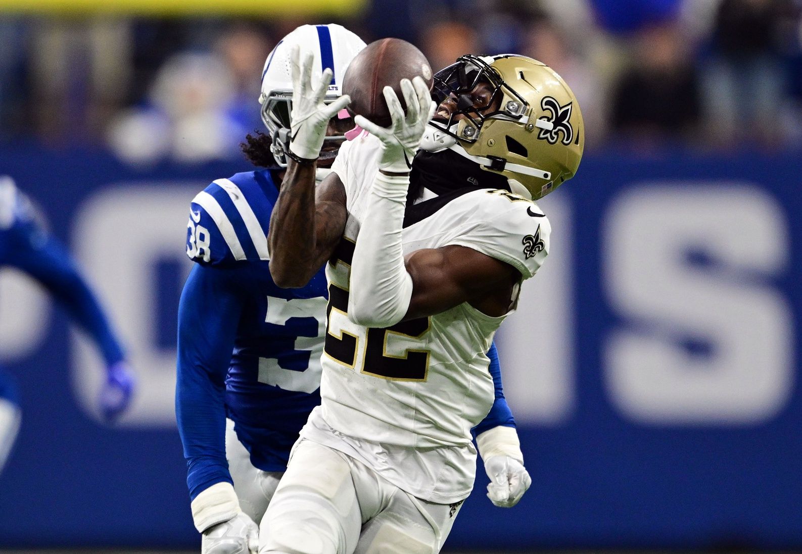 New Orleans Saints WR Rashid Shaheed (22) catches a deep pass versus the Indianapolis Colts.