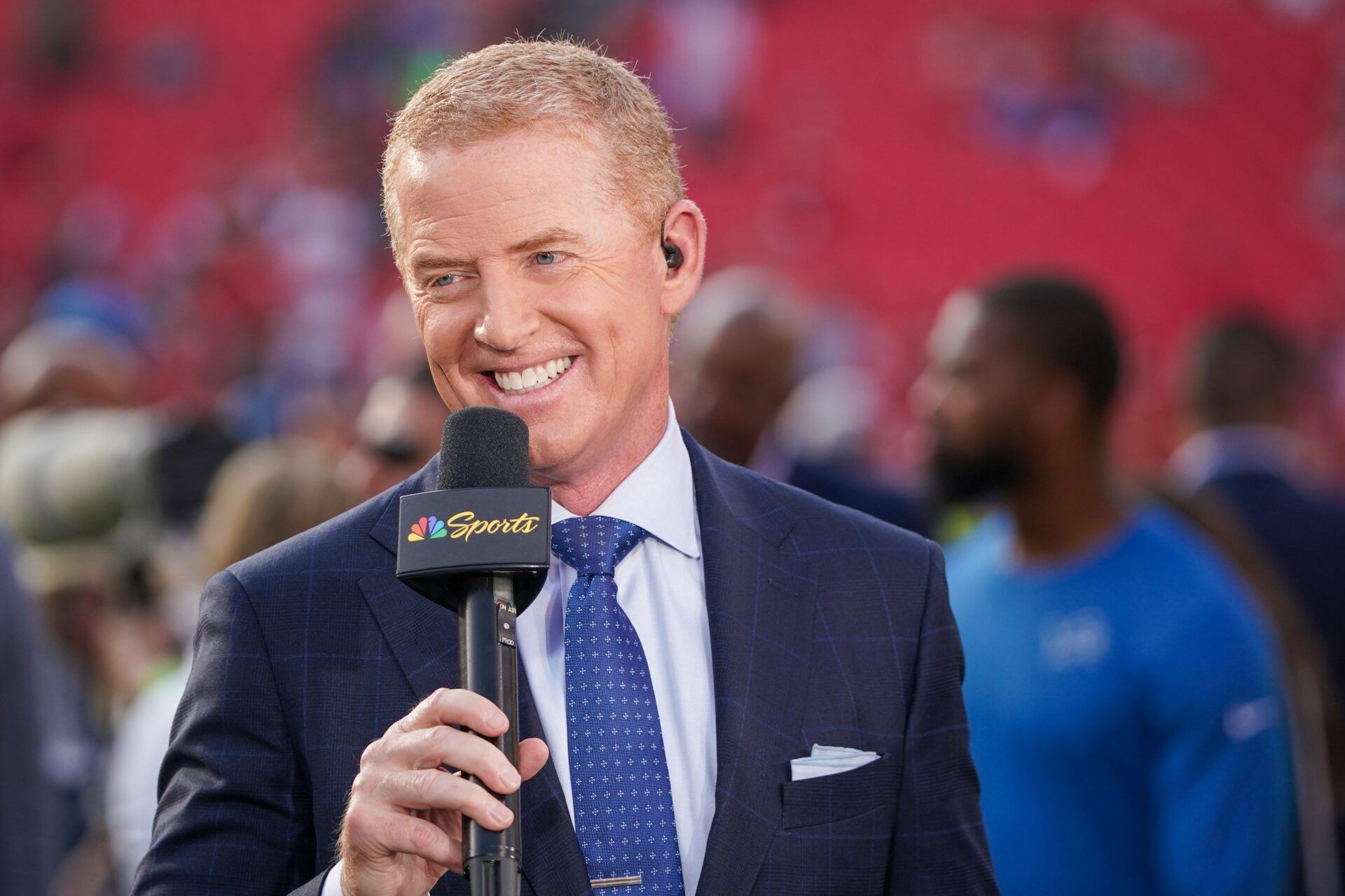 NBC sportscaster Jason Garrett on field prior to a game between the Kansas City Chiefs and Detroit Lions.