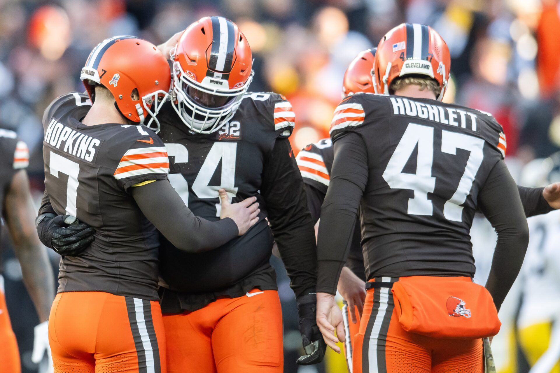 Cleveland Browns place kicker Dustin Hopkins (7) celebrates with offensive tackle Geron Christian (64) after kicking a field goal against the Pittsburgh Steelers.