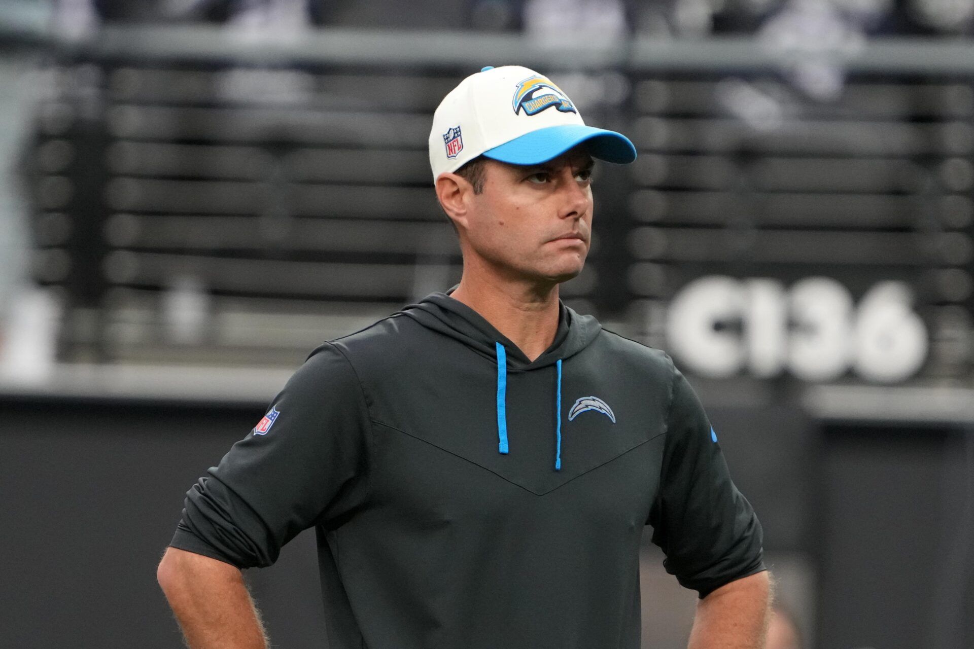 Los Angeles Chargers coach Brandon Staley reacts in the first half against the Las Vegas Raiders at Allegiant Stadium. The Raiders defeated the Chargers 27-20.