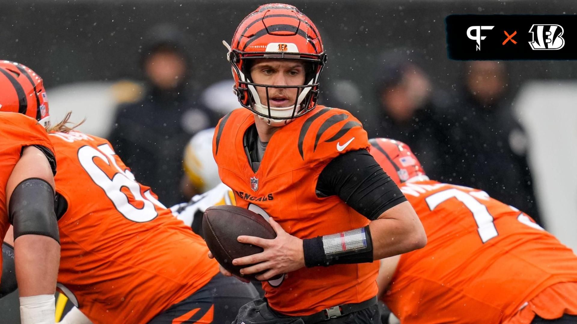 Jake Browning (6) drops back with the ball in the first quarter of the NFL Week 12 game between the Cincinnati Bengals and the Pittsburgh Steelers at Paycor Stadium.