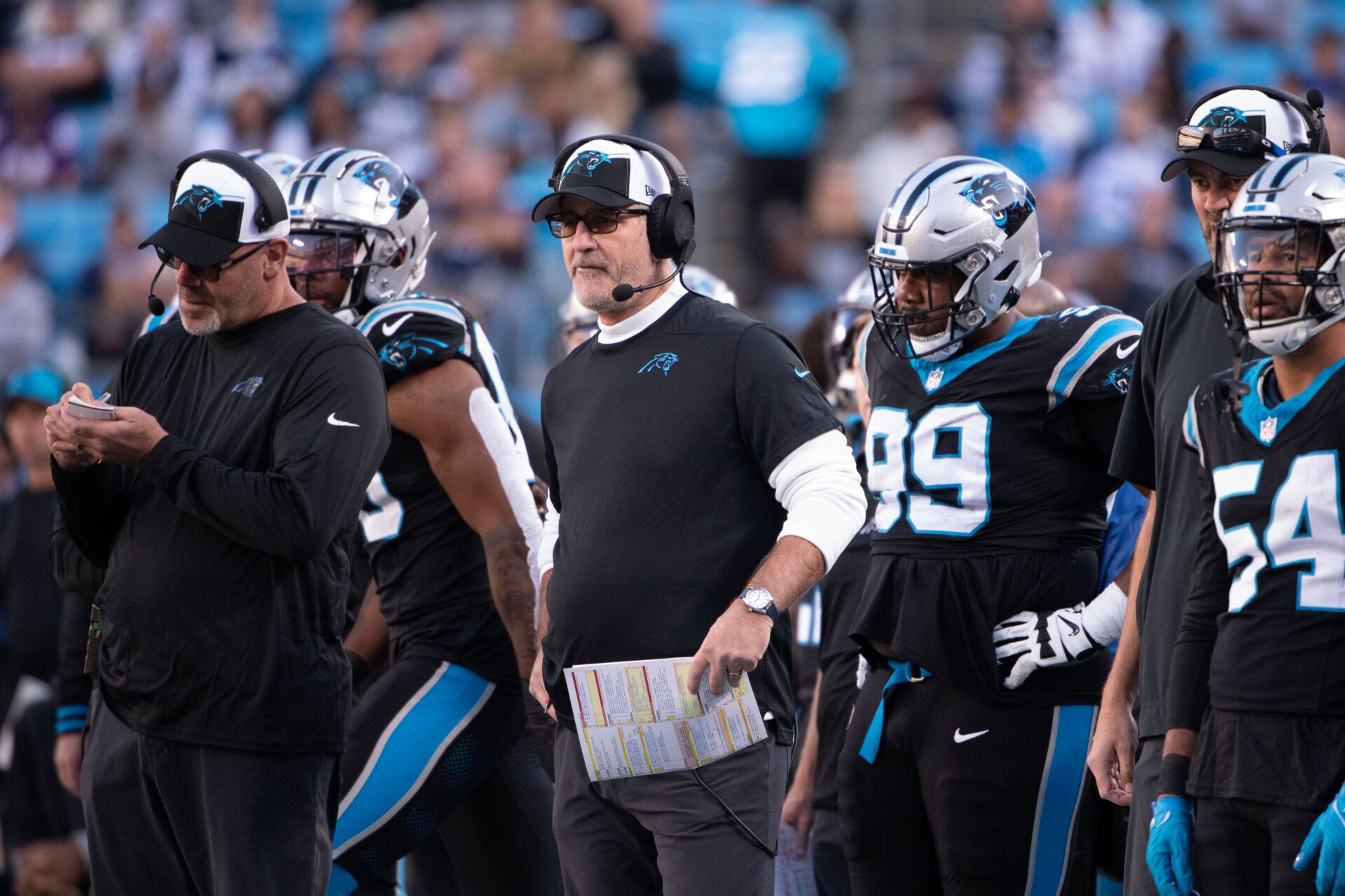 Carolina Panthers head coach Frank Reich on the sidelines in the fourth quarter at Bank of America Stadium.