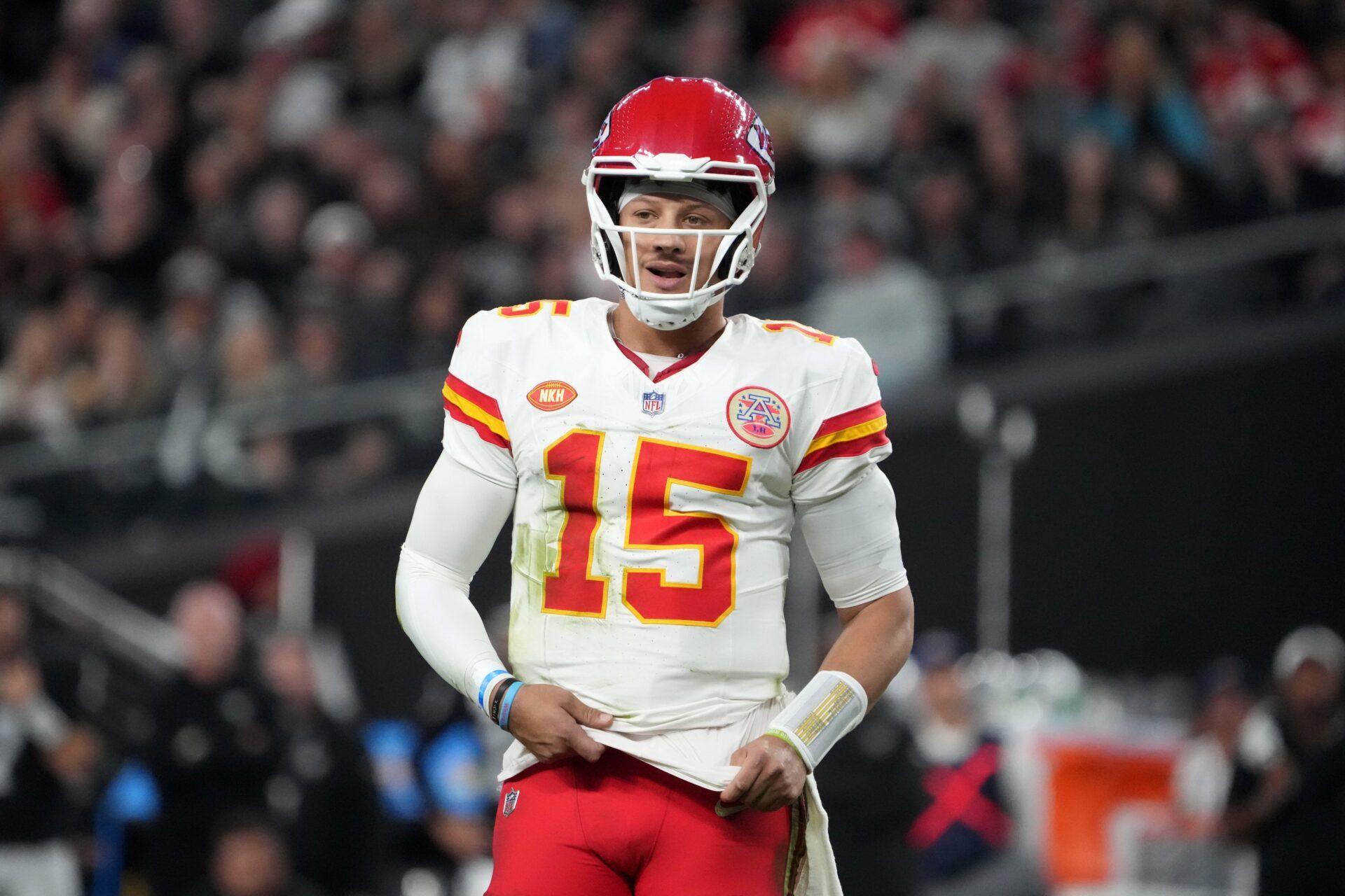 Kansas City Chiefs quarterback Patrick Mahomes (15) looks on during the second half against the Las Vegas Raiders at Allegiant Stadium.