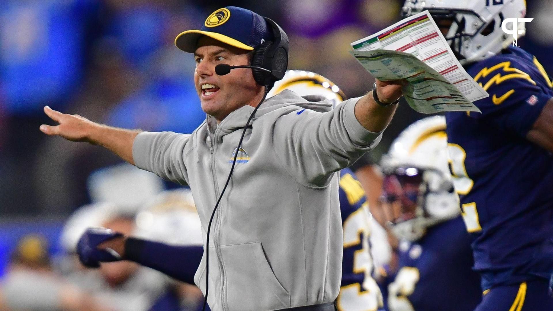 Los Angeles Chargers head coach Brandon Staley reacts after Baltimore Ravens place kicker Justin Tucker (9) misses a field goal kick during the second half at SoFi Stadium.