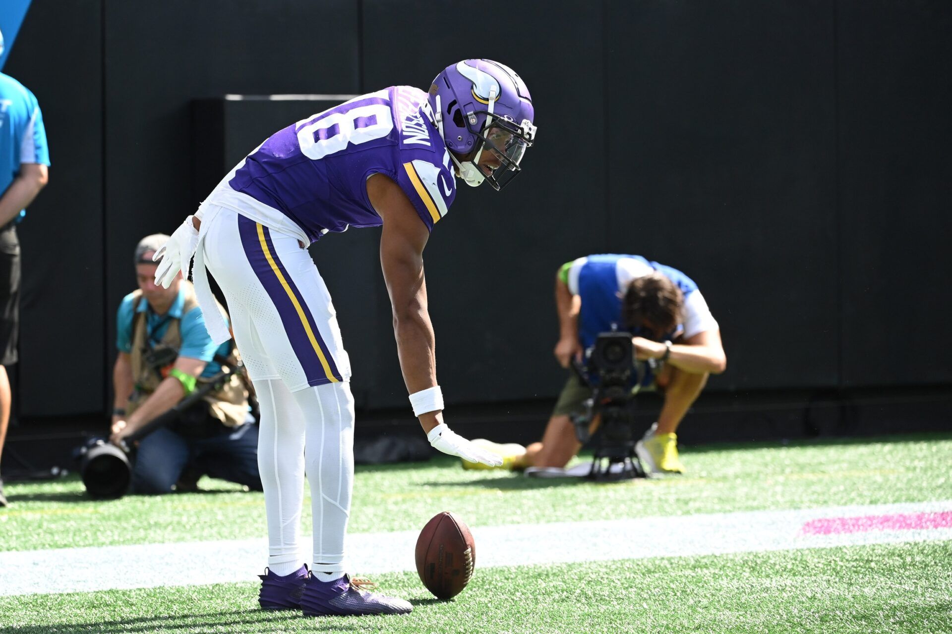 Minnesota Vikings wide receiver Justin Jefferson (18) reacts after scoring a touchdown in the third quarter at Bank of America Stadium.