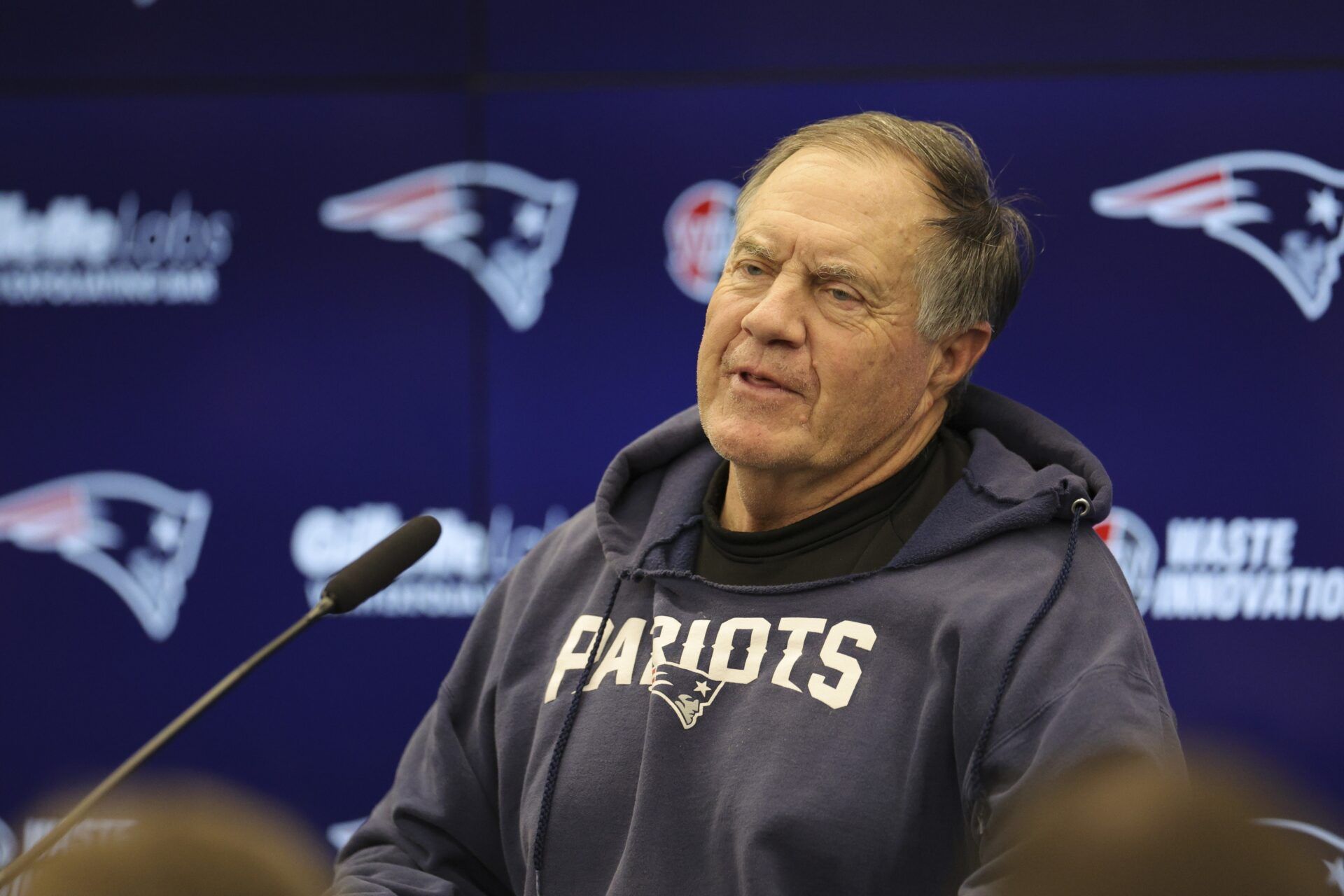 New England Patriots head coach Bill Belichick speaks to the media before an NFL International Series practice at the Deutcher Fussball-Bund facility.