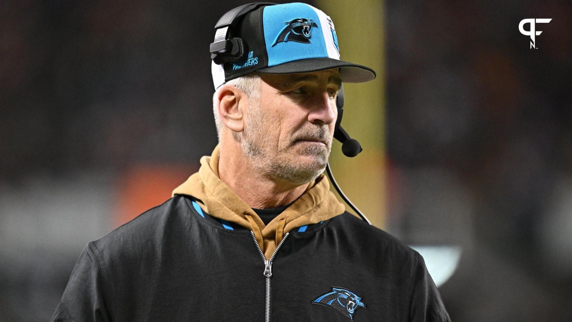 Carolina Panthers head coach Frank Reich watches his team play against the Chicago Bears in the second half at Soldier Field.