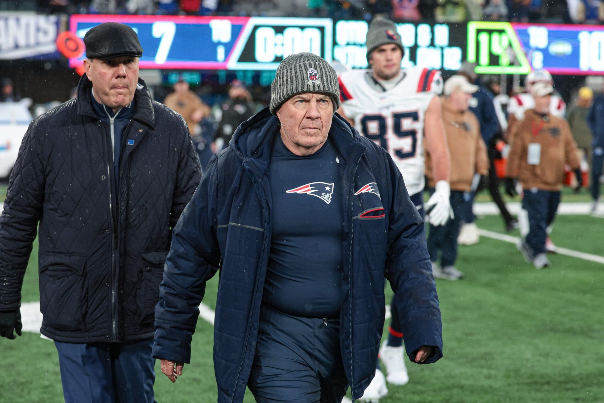 New England Patriots head coach Bill Belichick walks off the field after the game against the New York Giants at MetLife Stadium.