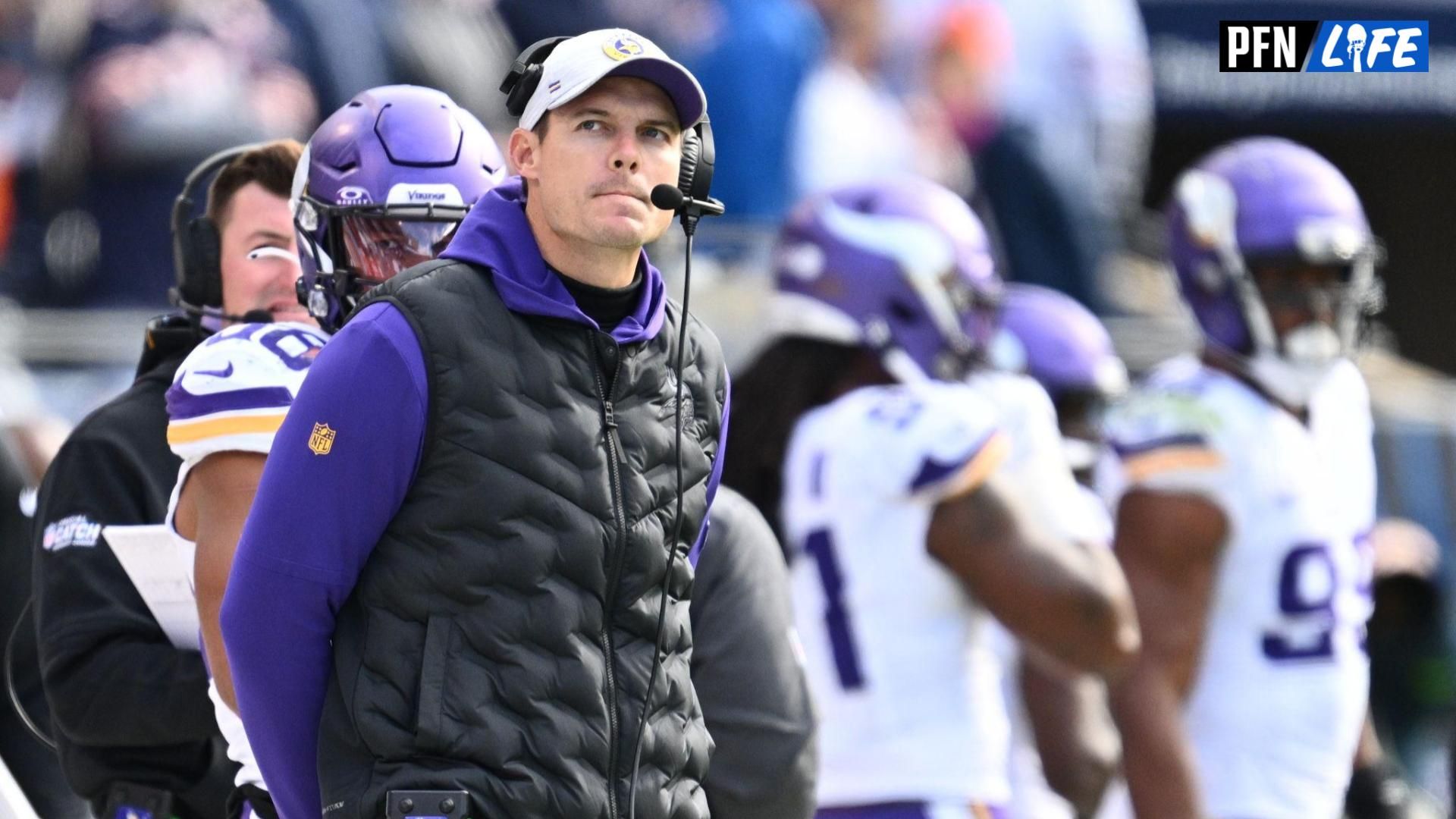 Minnesota Vikings head coach Kevin O'Connell looks up at the scoreboard in the second half against the Chicago Bears at Soldier Field.