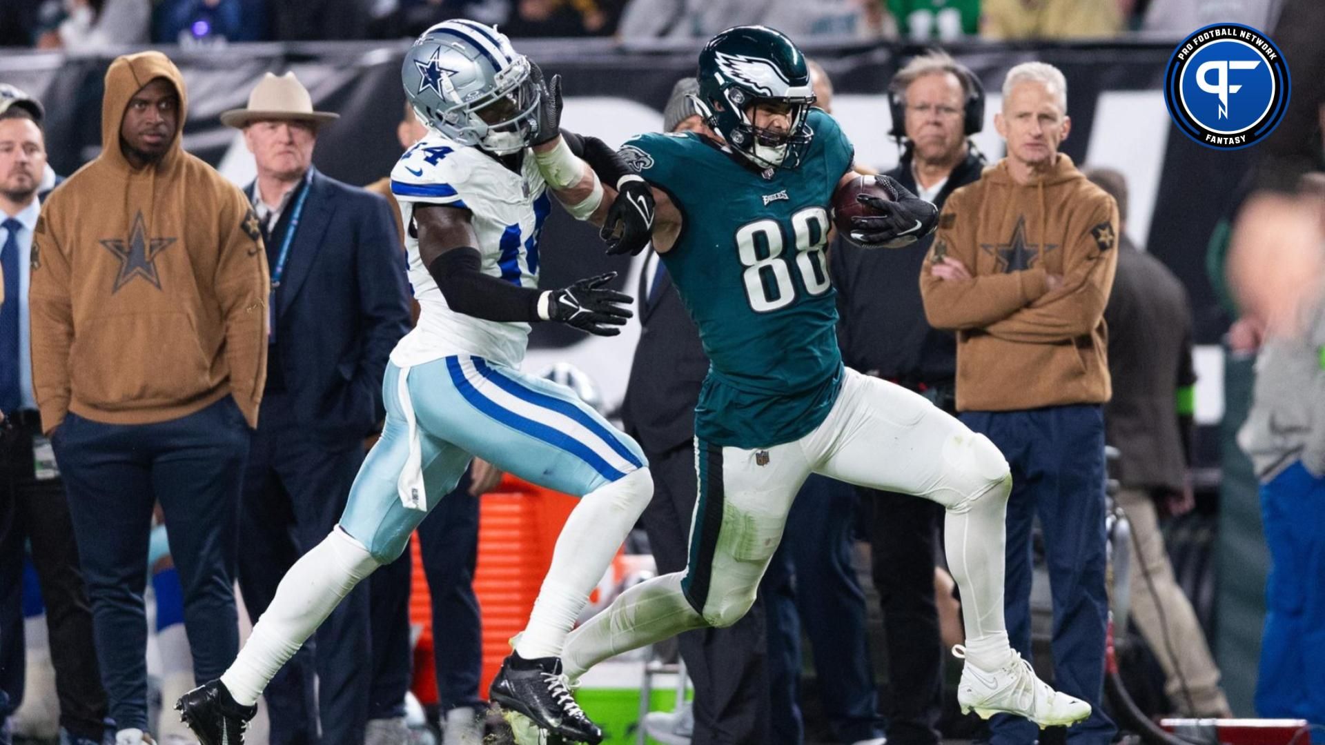 Philadelphia Eagles tight end Dallas Goedert (88) runs with the ball against Dallas Cowboys safety Markquese Bell (14) after a catch during the third quarter at Lincoln Financial Field.