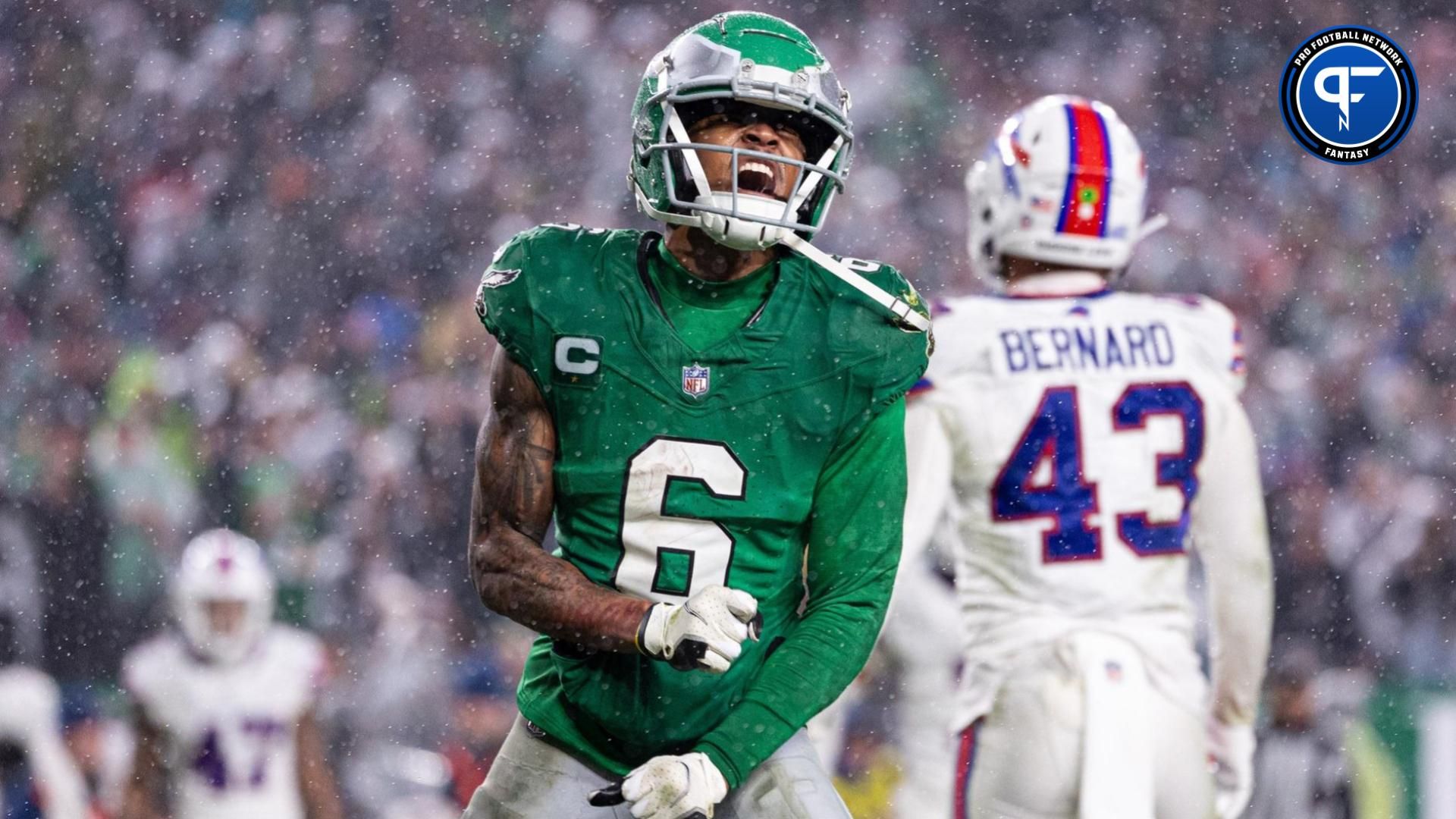 Philadelphia Eagles WR DeVonta Smith (6) reacts after scoring a touchdown against the Buffalo Bills.