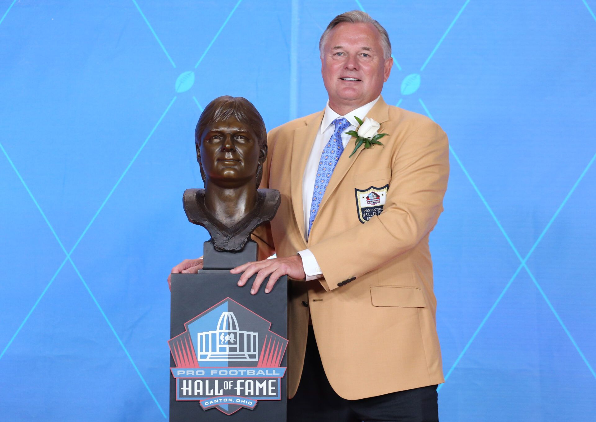 New Orleans Saints former kicker Morten Andersen poses with his bust during the Professional Football HOF enshrinement ceremonies at the Tom Benson Hall of Fame Stadium.