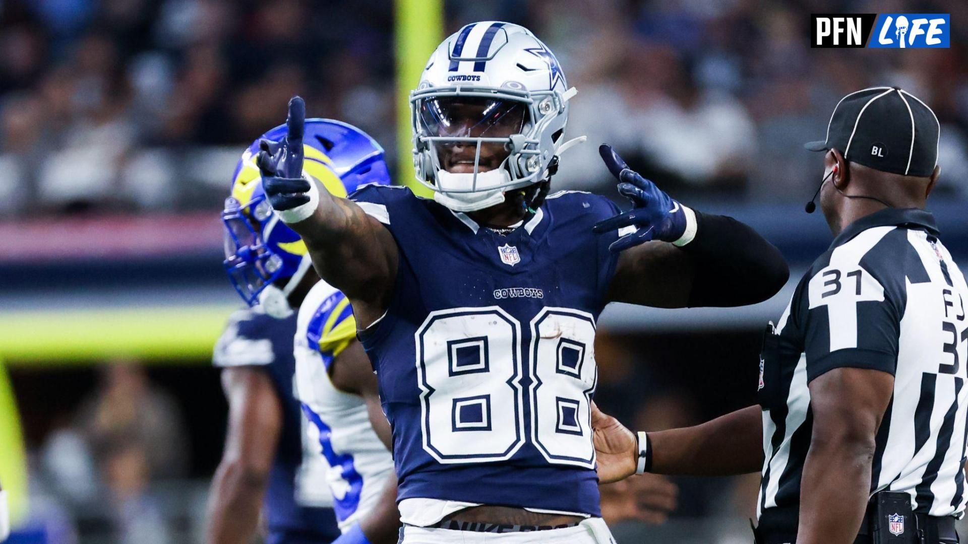 Dallas Cowboys wide receiver CeeDee Lamb (88) reacts during the first quarter against the Los Angeles Rams at AT&T Stadium.