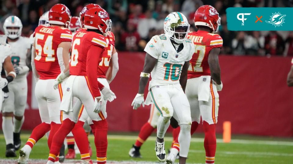 Miami Dolphins wide receiver Tyreek Hill (10) celebrates after a reception against the Kansas City Chiefs during an NFL International Series game at Deutsche Bank Park.