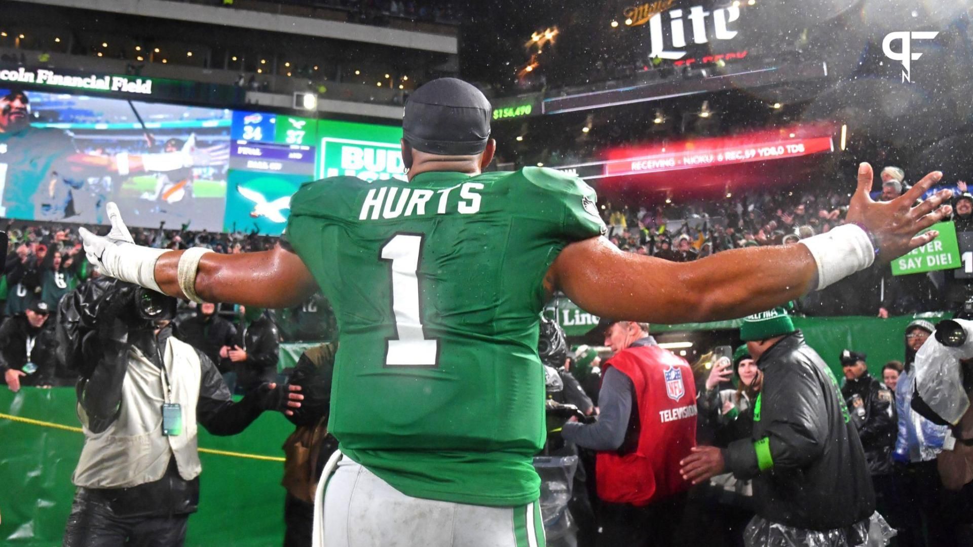 Philadelphia Eagles quarterback Jalen Hurts (1) walks off the field after overtime win against the Buffalo Bills at Lincoln Financial Field.