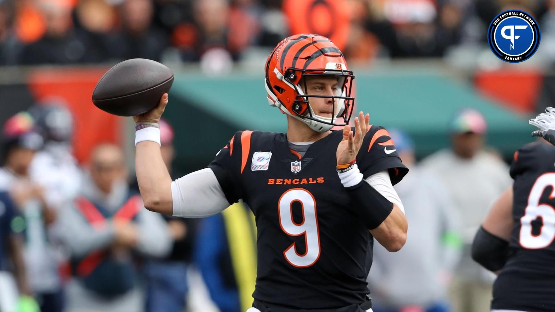 Cincinnati Bengals QB Joe Burrow (9) passes the ball against the Seattle Seahawks.