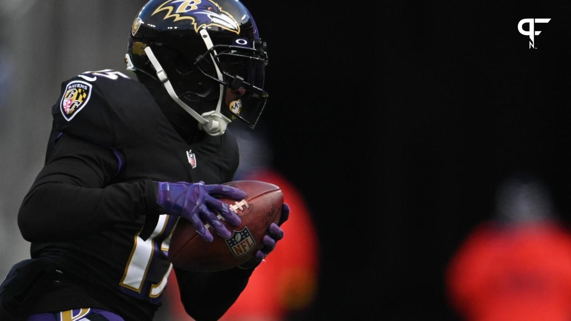 Baltimore Ravens wide receiver DeSean Jackson (15) makes a catch among the sideline during the second half against the Atlanta Falcons at M&T Bank Stadium.