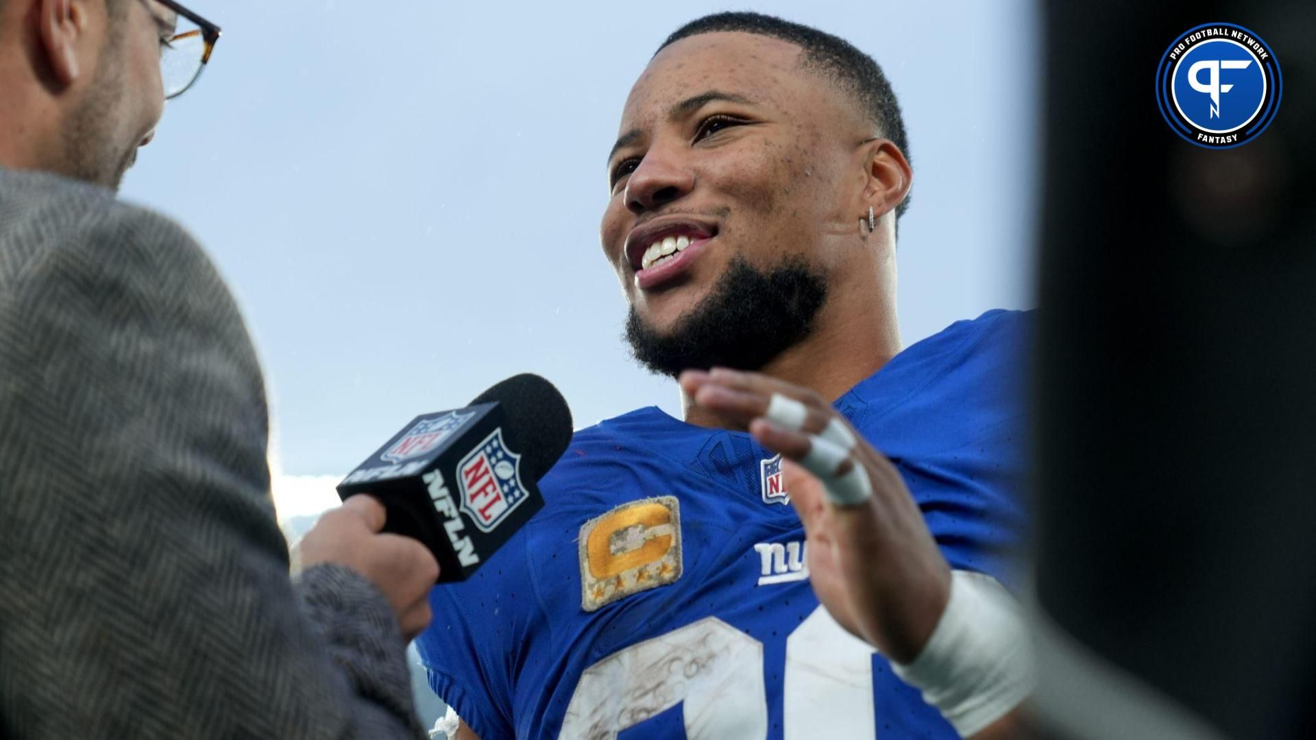 New York Giants running back Saquon Barkley (26) is shown during a post game interview after Big Blue beat the New England Patriots