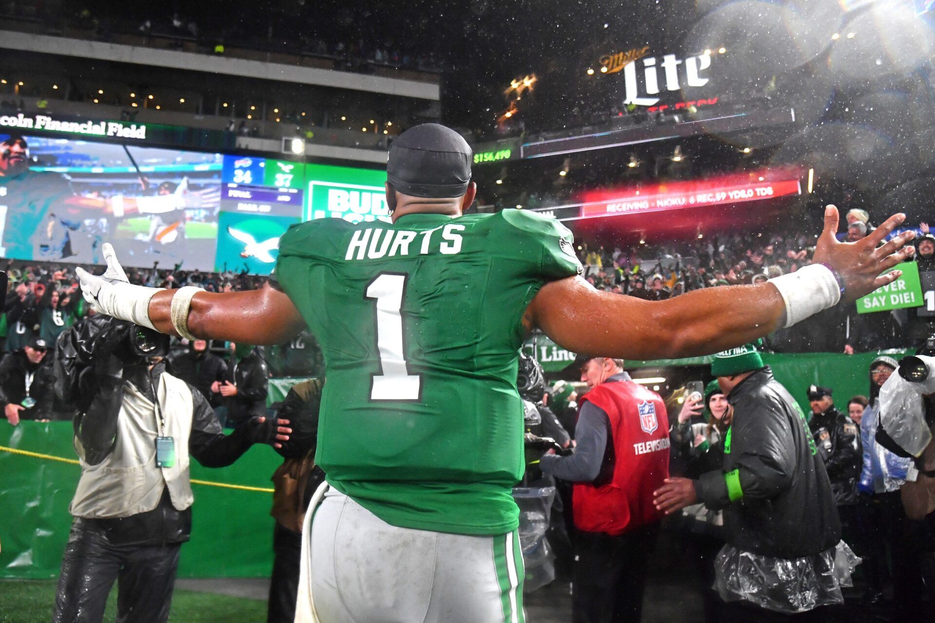 Philadelphia Eagles QB Jalen Hurts (1) walks off the field after a win over the Buffalo Bills.