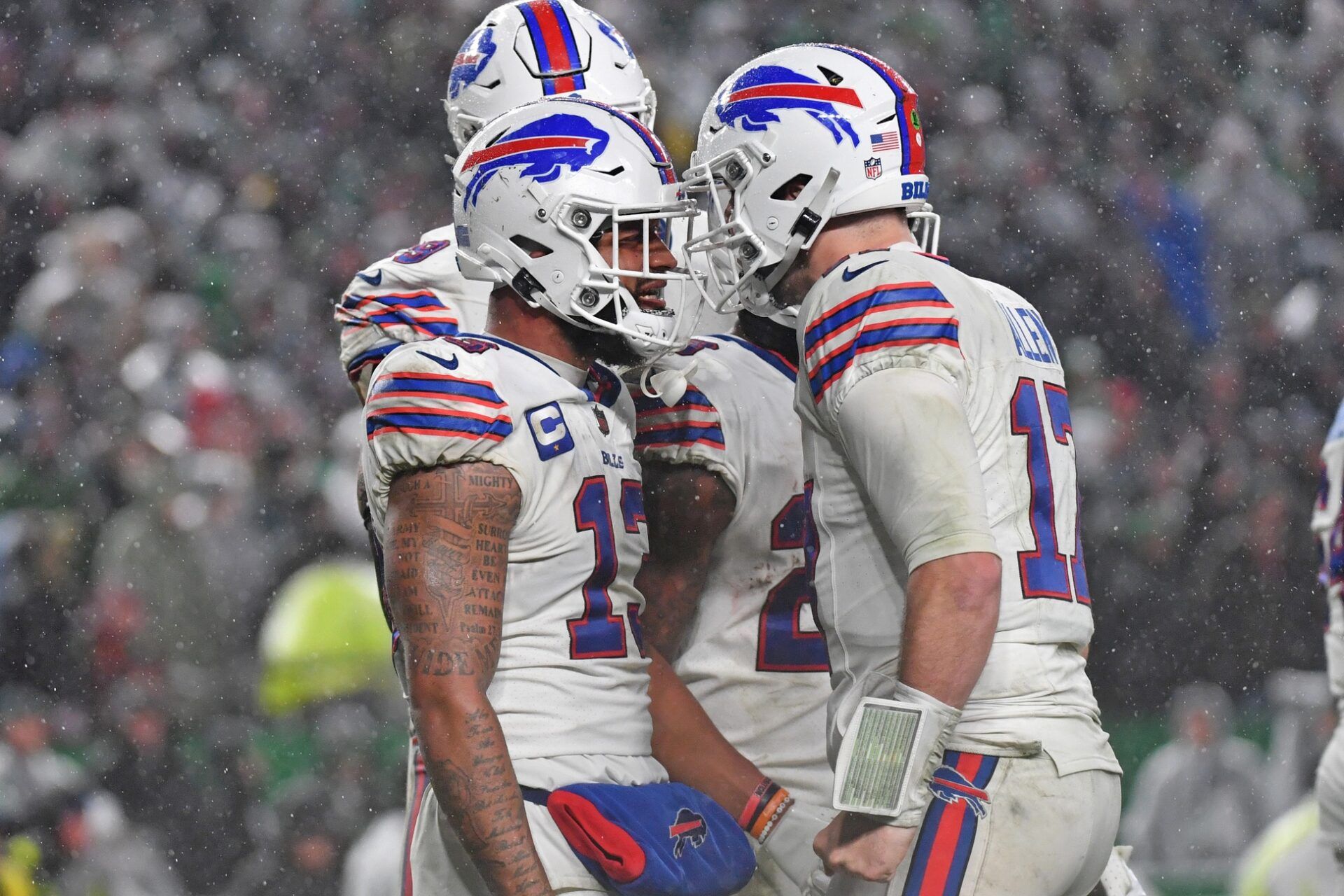 Buffalo Bills WR Gabe Davis (13) and QB Josh Allen (7) celebrate a touchdown against the Philadelphia Eagles.