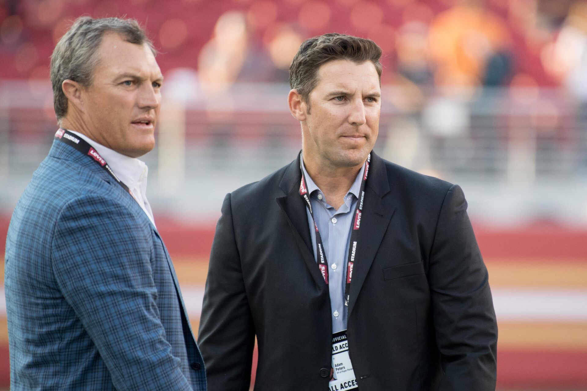 San Francisco 49ers general manager John Lynch (left) and vice president of player personnel Adam Peters (right) before the game against the Denver Broncos at Levi's Stadium.