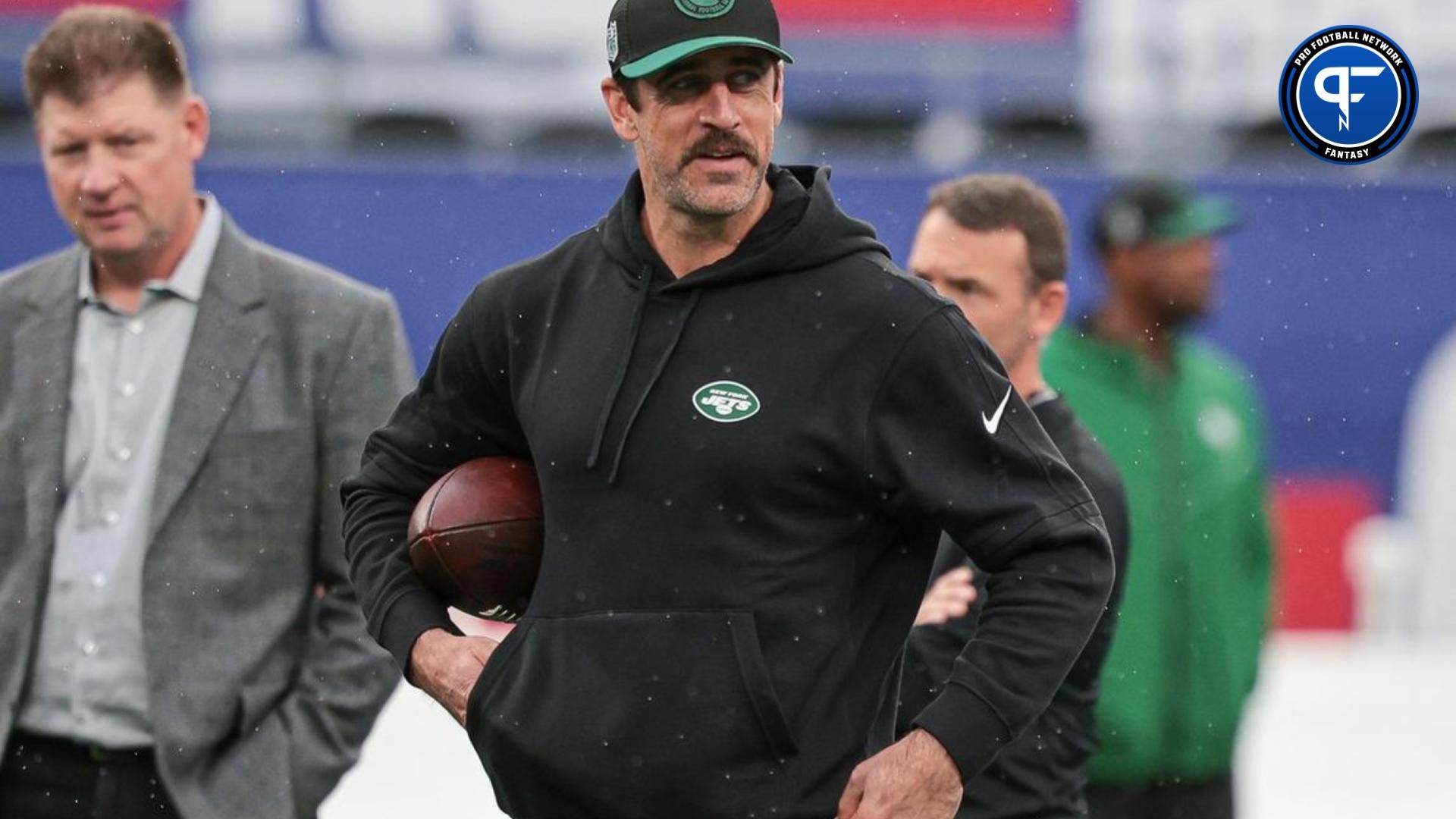 New York Jets quarterback Aaron Rodgers (8) on the field before the game against the New York Giants at MetLife Stadium.