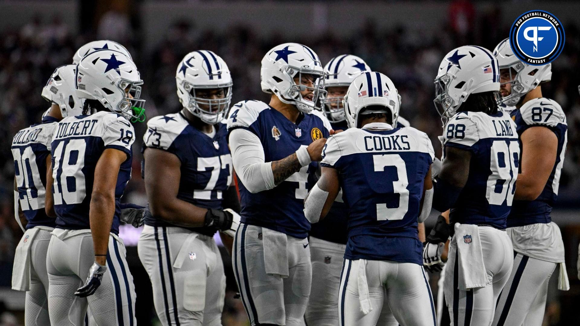 Dallas Cowboys running back Tony Pollard (20) and wide receiver Jalen Tolbert (18) and quarterback Dak Prescott (4) and wide receiver Brandin Cooks (3) and wide receiver CeeDee Lamb (88) and tight end Jake Ferguson (87) during the game between the Dallas Cowboys and the Washington Commanders